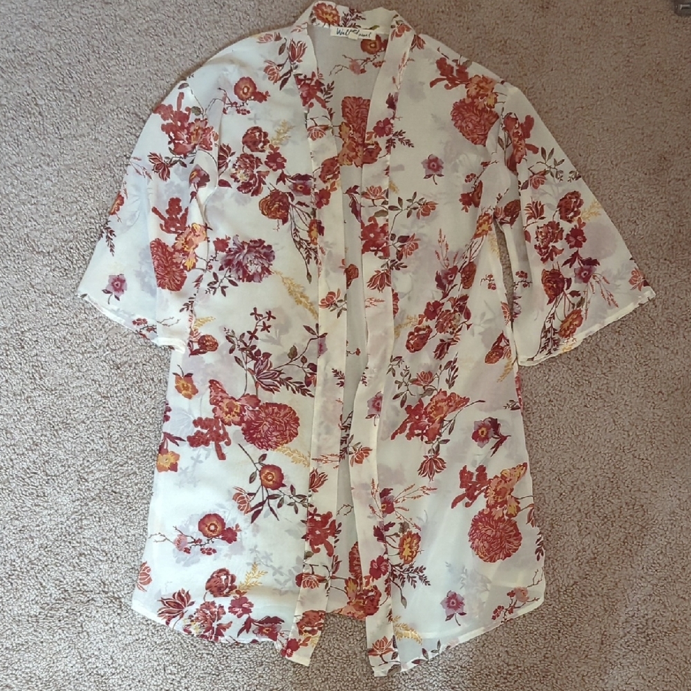 Wallflower Sheer Open Front Red And White Floral Kimono Wrap Women's XS